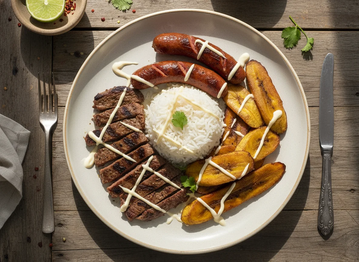 Plato de arroz con carne y plátano photo