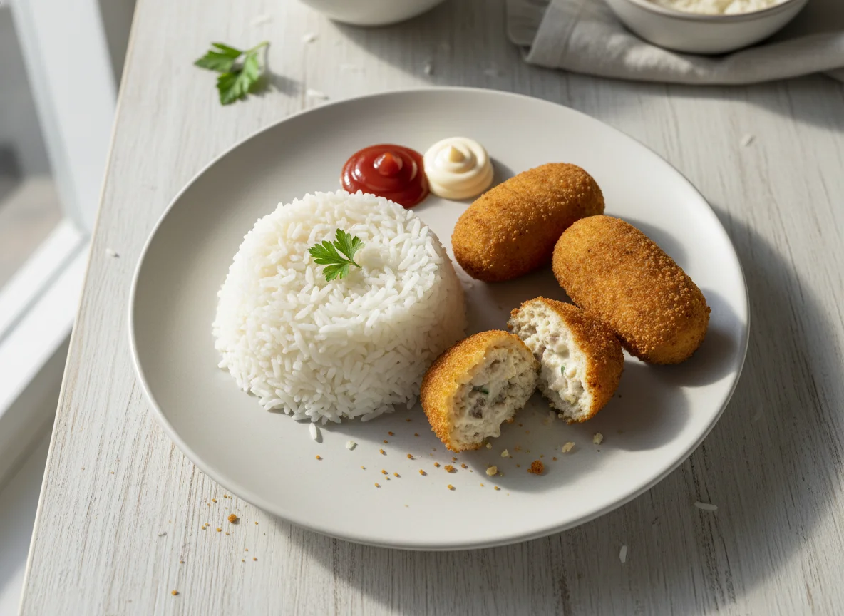 Plato de arroz con croquetas y salsas photo