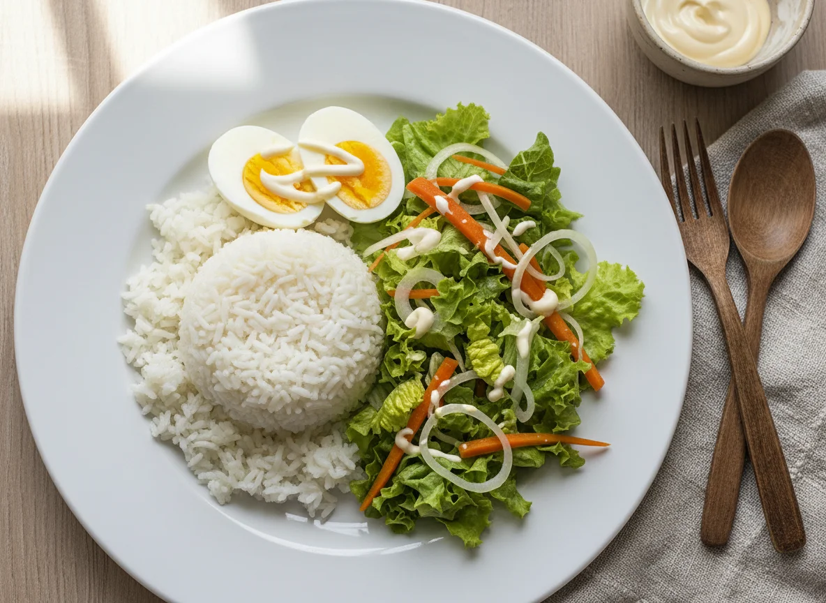 Plato de arroz con huevo y ensalada photo