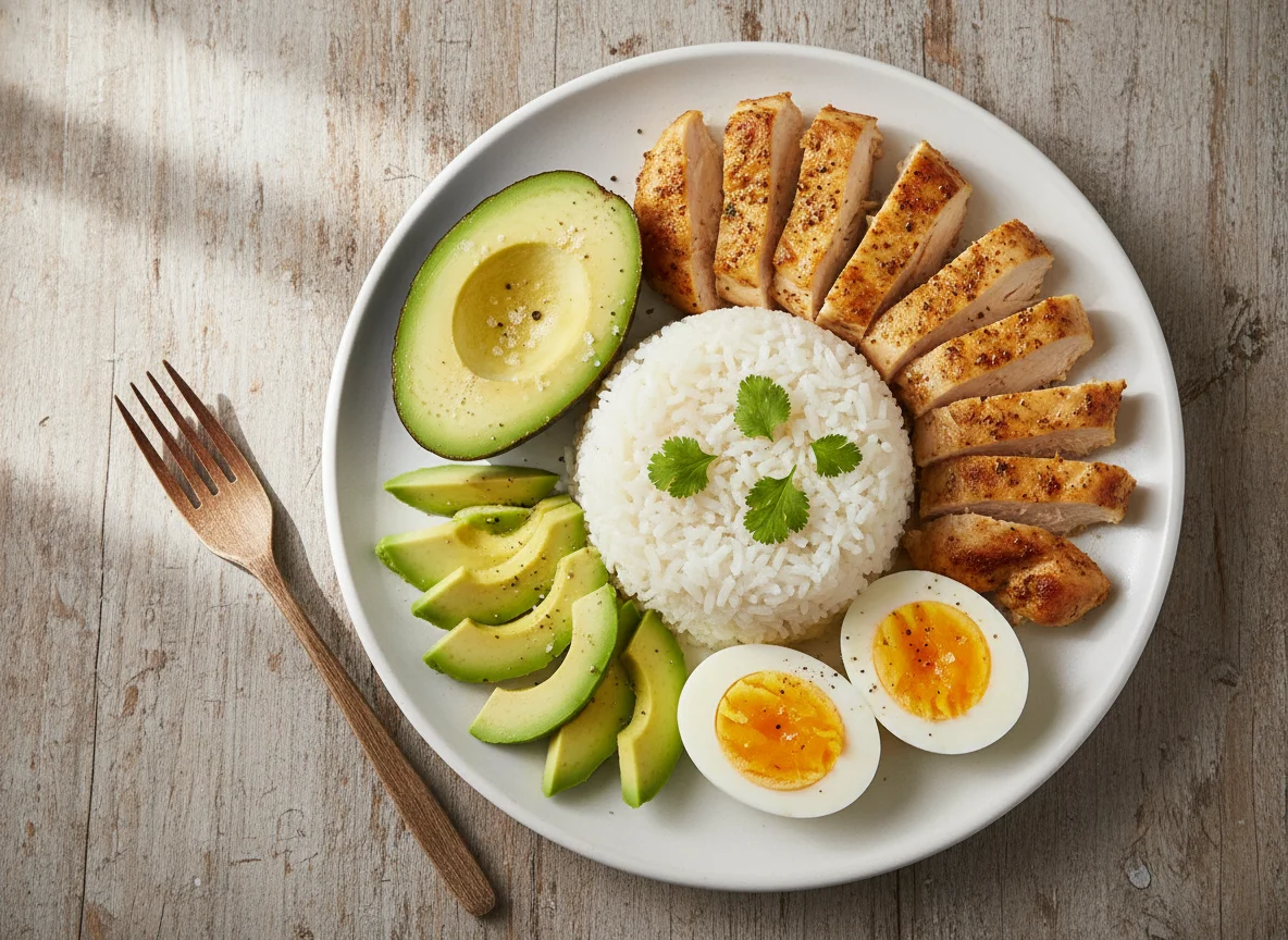 Plato de arroz con pollo, aguacate y huevos photo