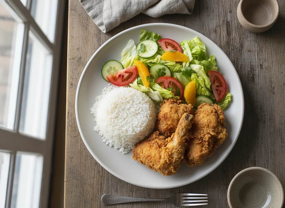 Plato de arroz con pollo y ensalada photo