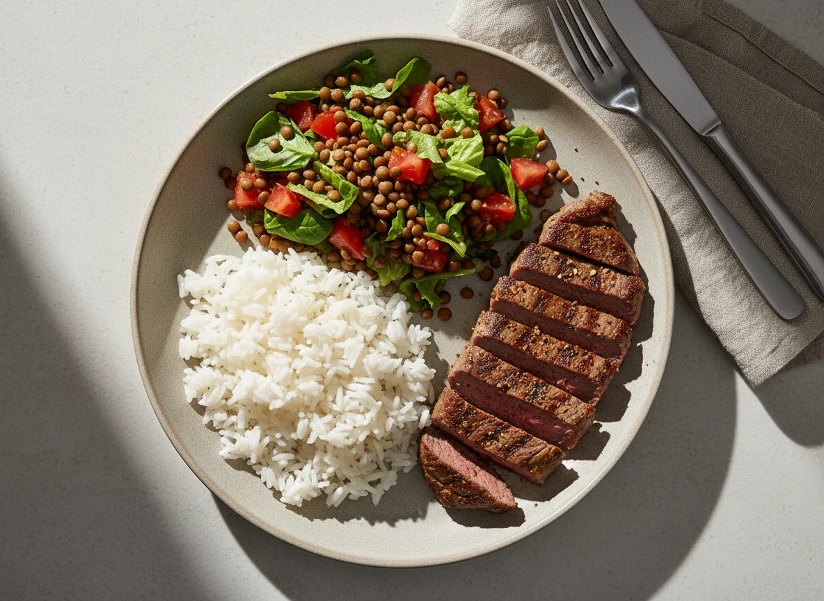 Plato de arroz, ensalada de lentejas y carne photo