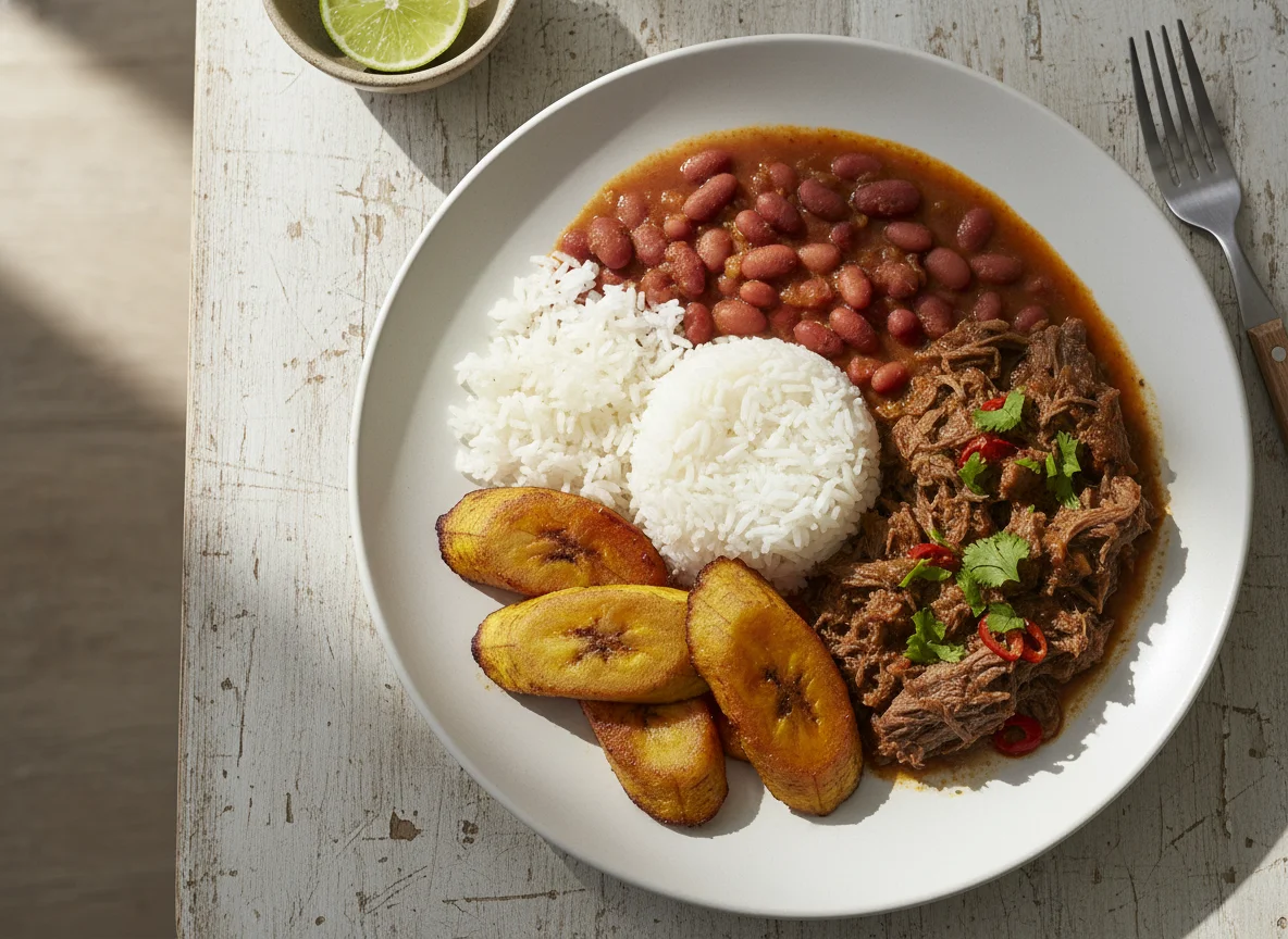 Plato de arroz, frijoles, plátano frito y carne photo