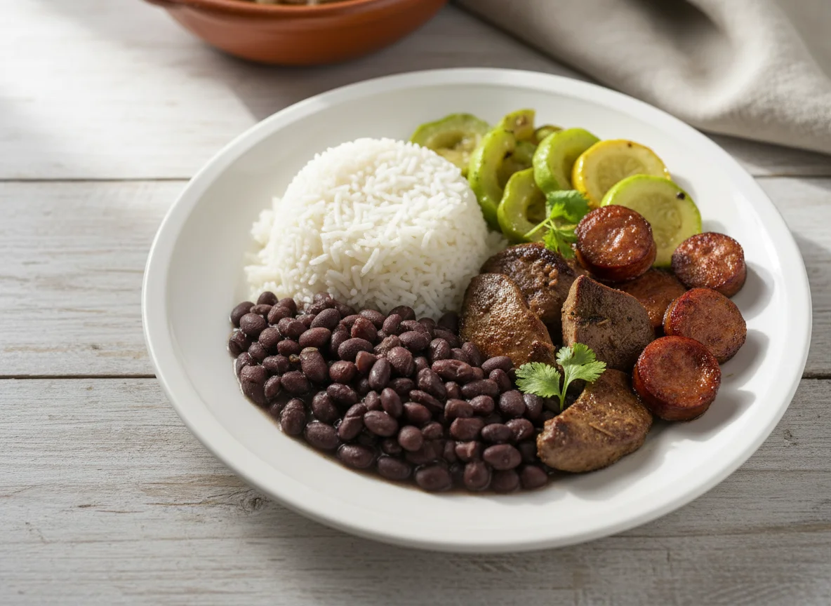 Plato de arroz, frijoles, pollo y vegetales photo