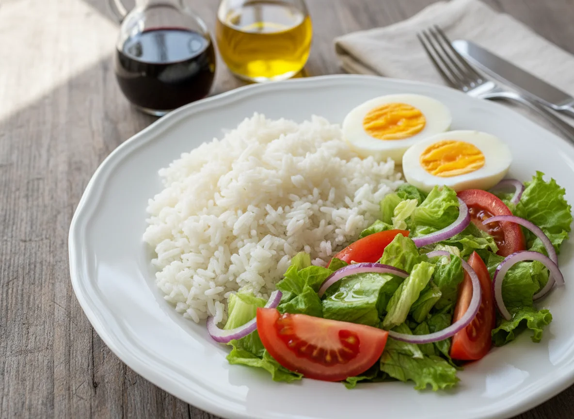 Plato de arroz, huevo y ensalada photo