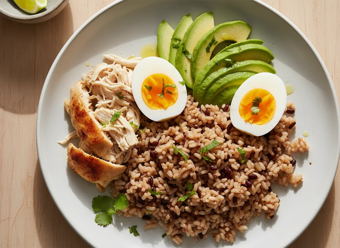 Plato de arroz integral, pollo, huevo y aguacate photo