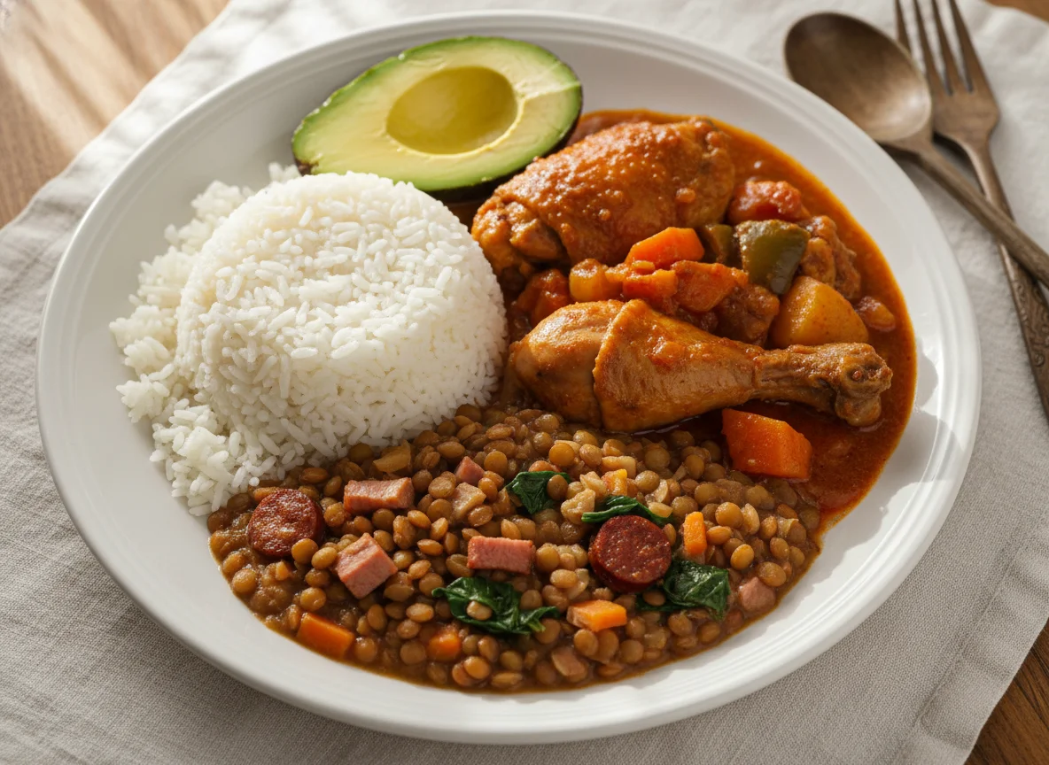Plato de arroz, pollo guisado, menestra de lentejas y aguacate photo