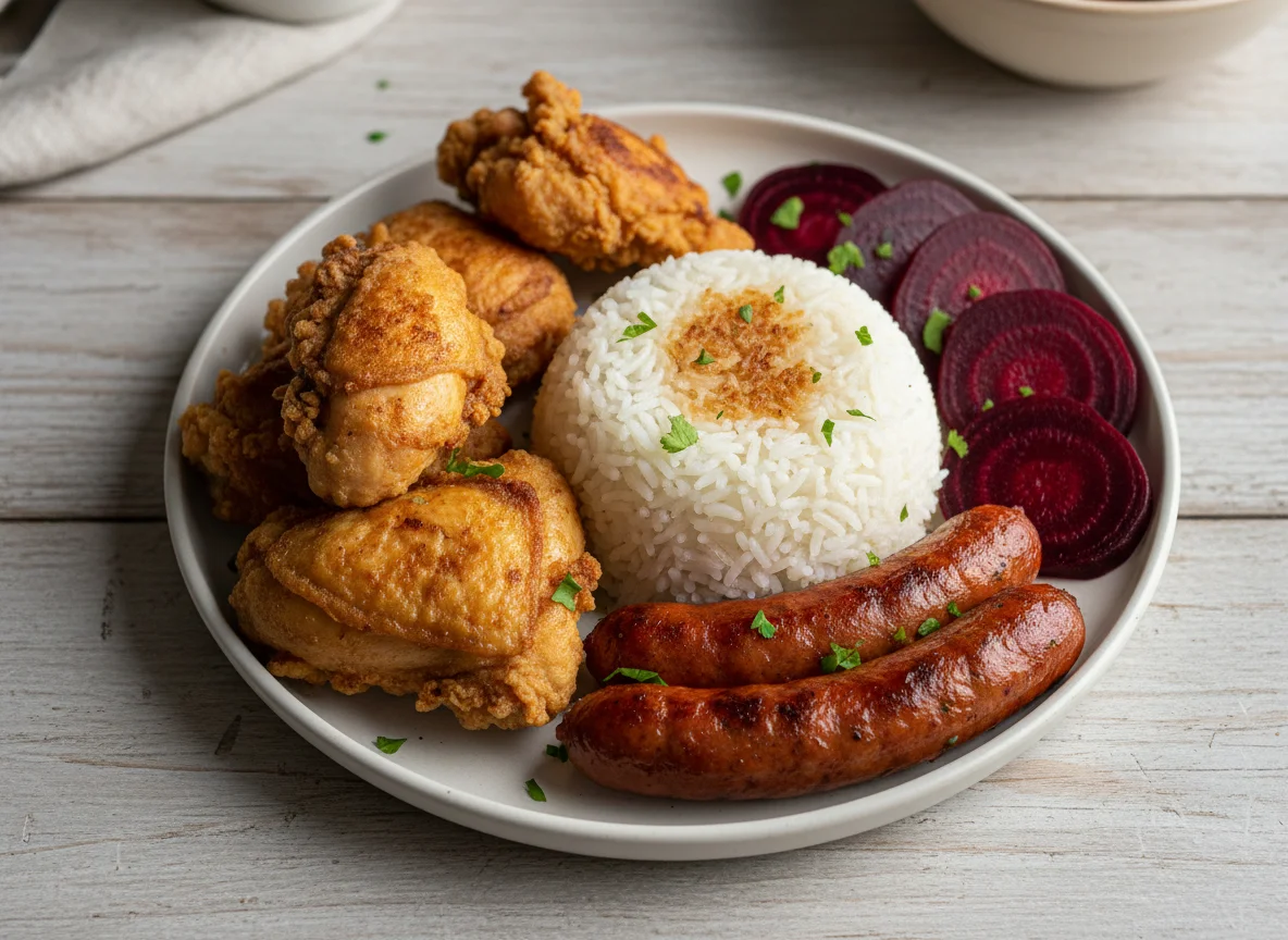 Plato de arroz, pollo, remolacha y salchicha photo
