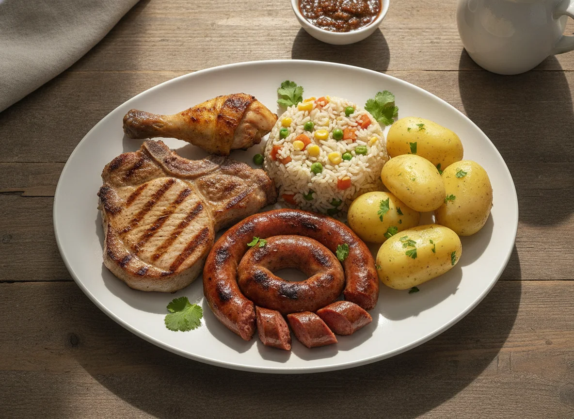 Plato de asado con arroz y papas cocidas photo
