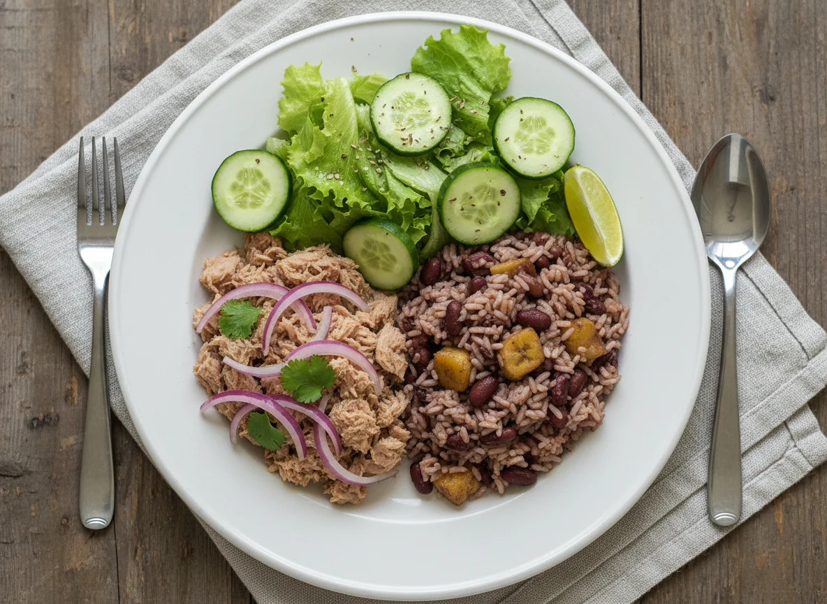 Plato de atún, arroz con frijoles y ensalada photo