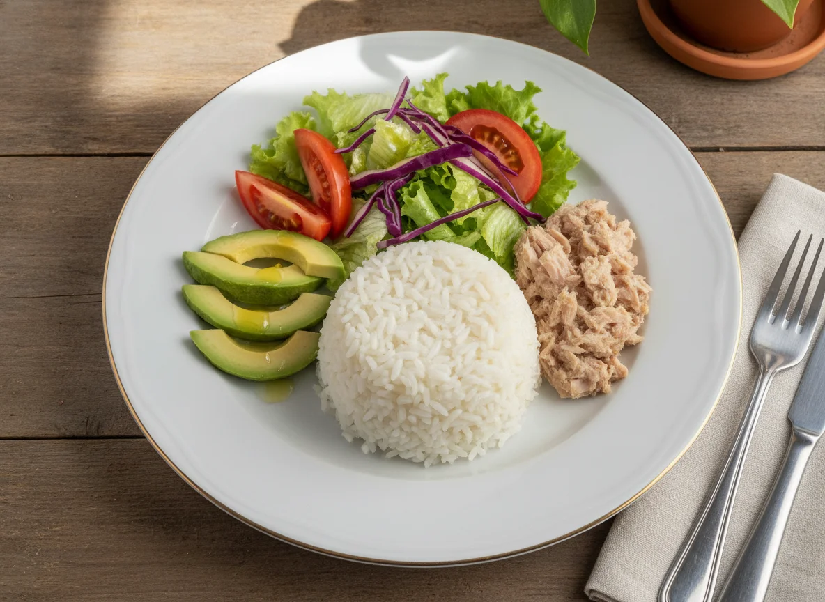 Plato de atún con arroz y ensalada variada photo