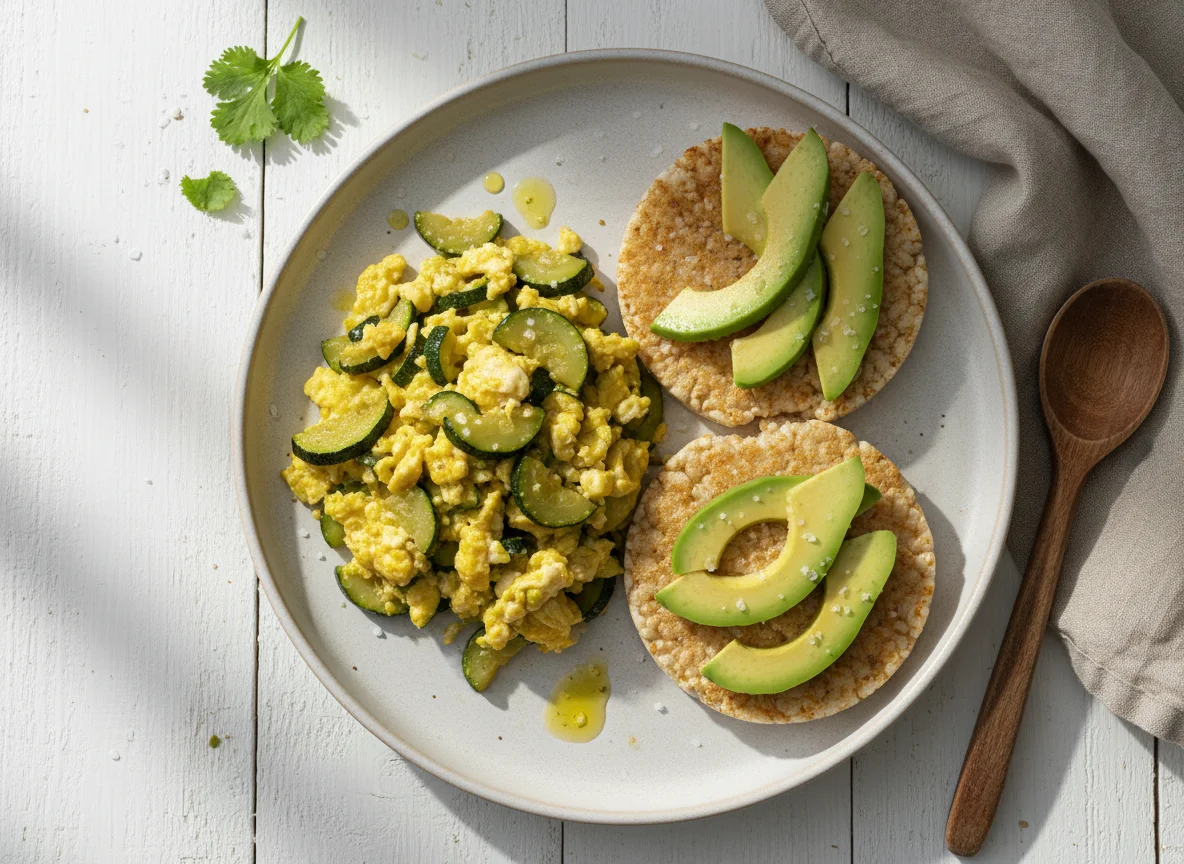 Plato de calabacitas con huevo y tostadas de arroz con aguacate photo