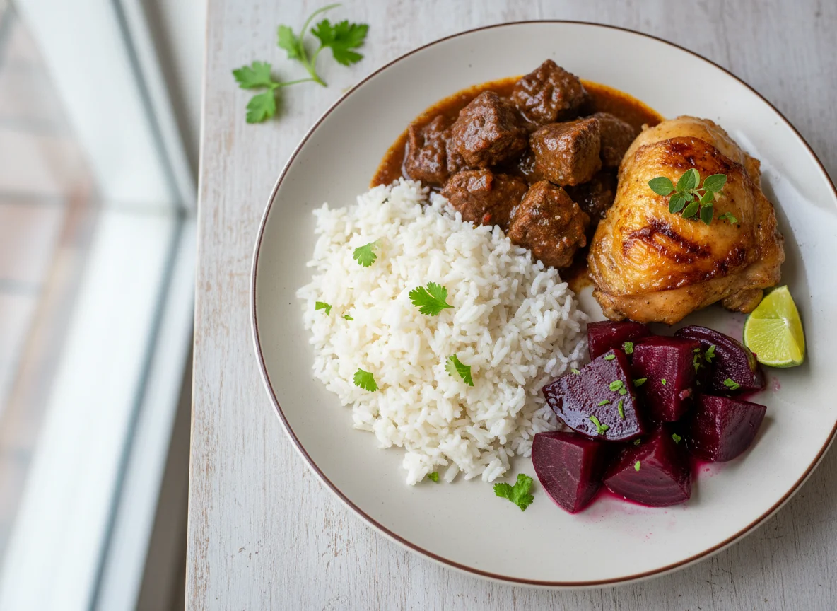 Plato de carne, arroz y remolacha photo