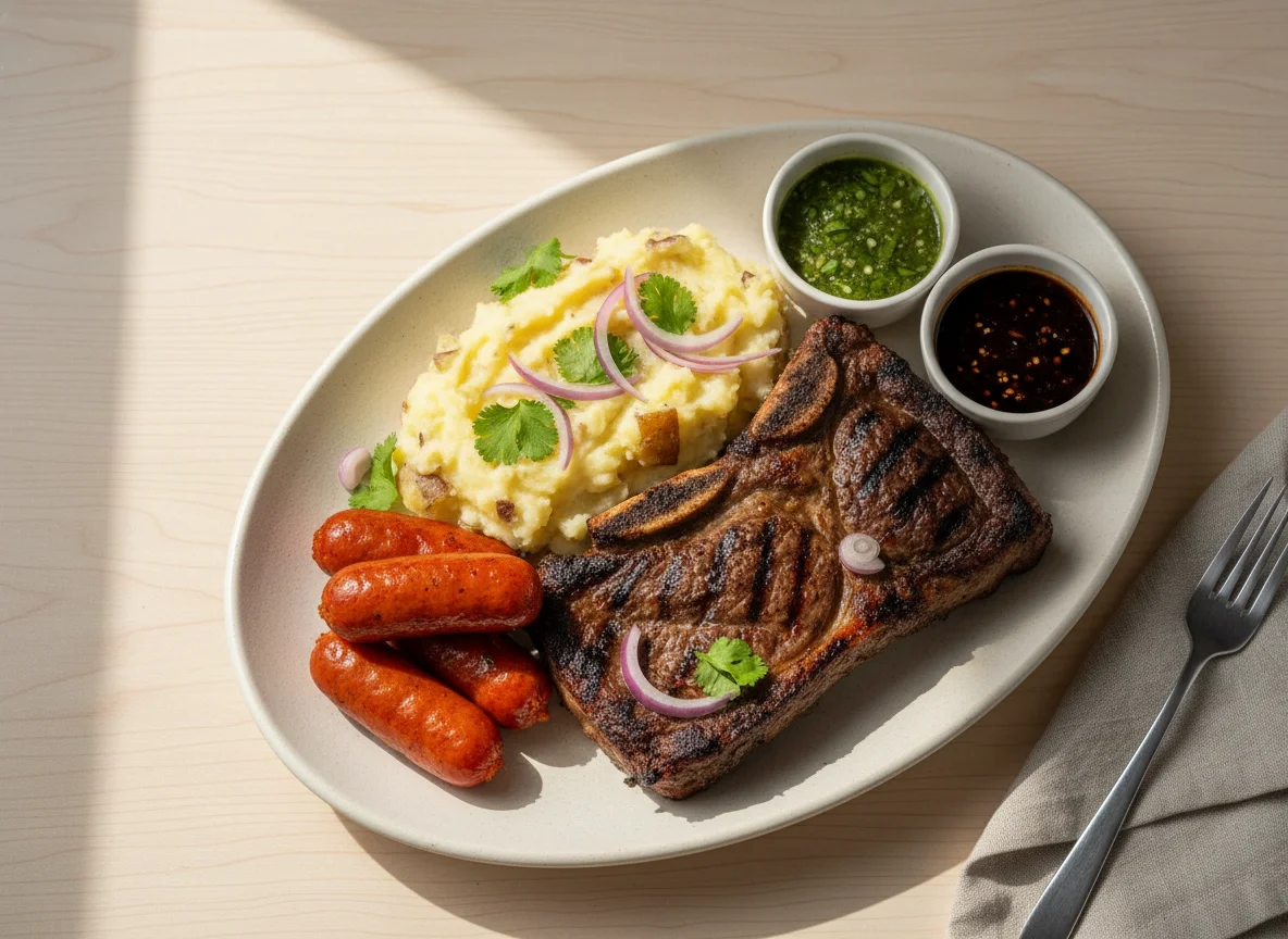 Plato de carne asada con acompañamientos photo