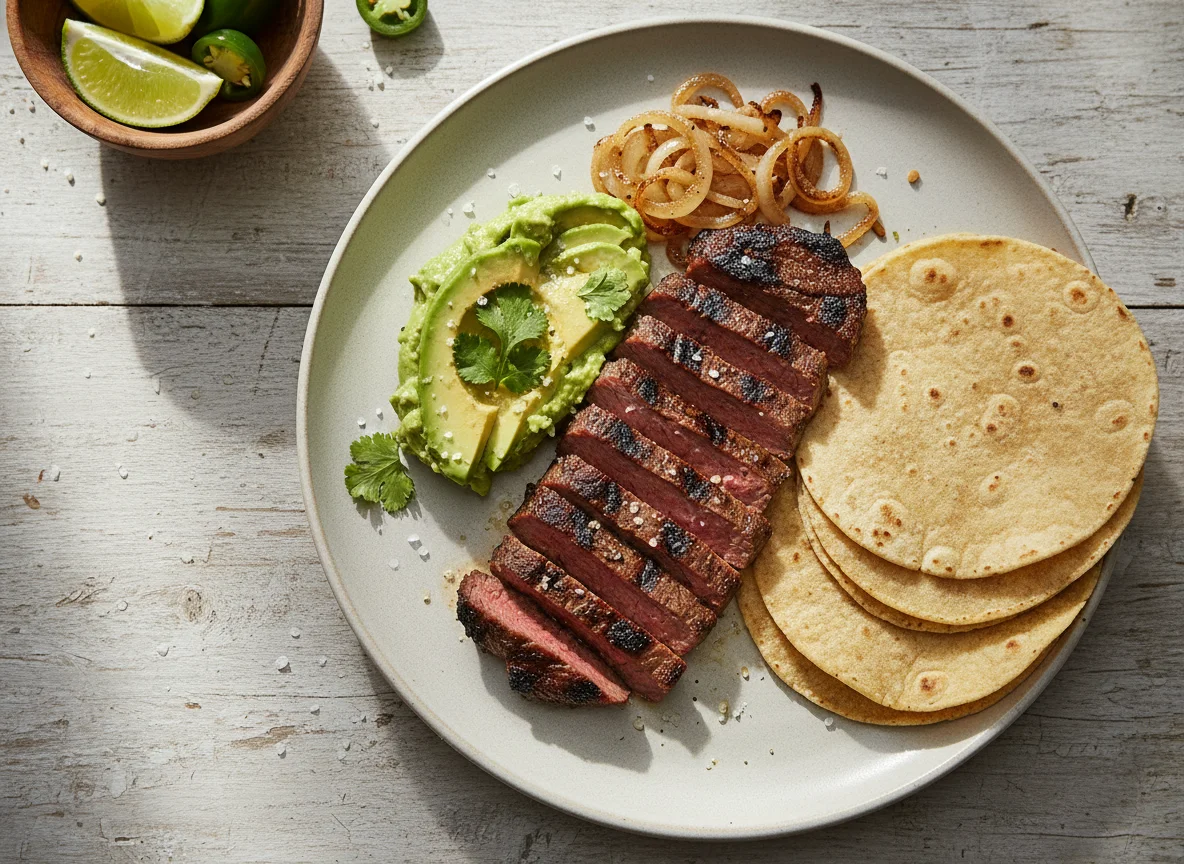 Plato de carne asada con aguacate y tortillas photo