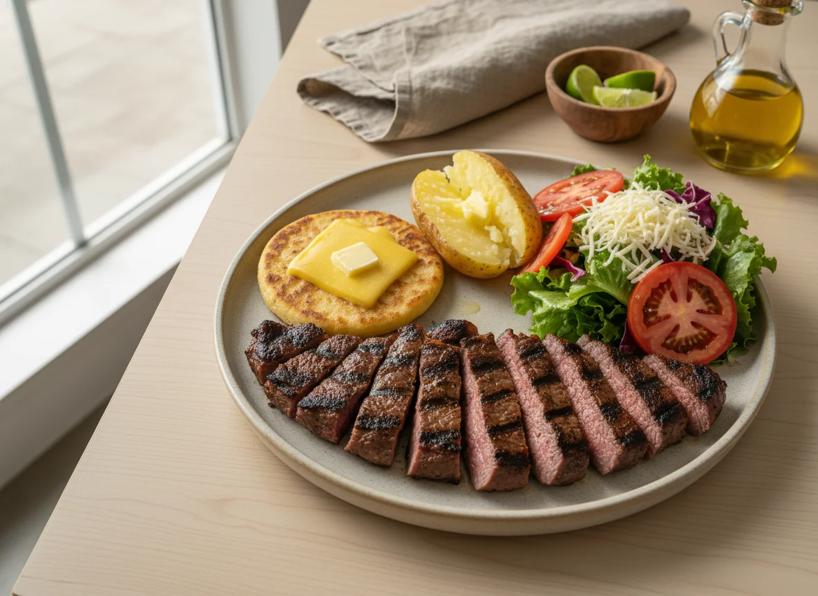 Plato de carne asada con arepa, papa y ensalada photo