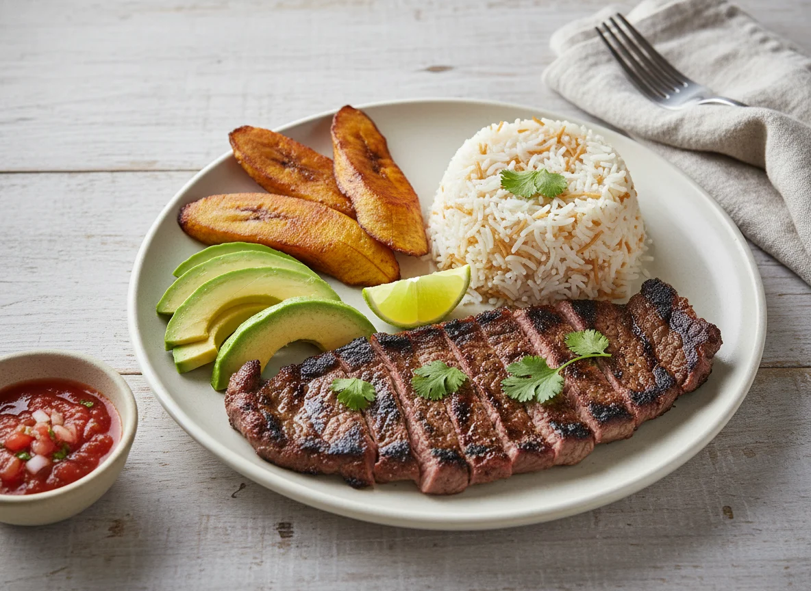 Plato de carne asada con arroz, aguacate y plátano frito photo