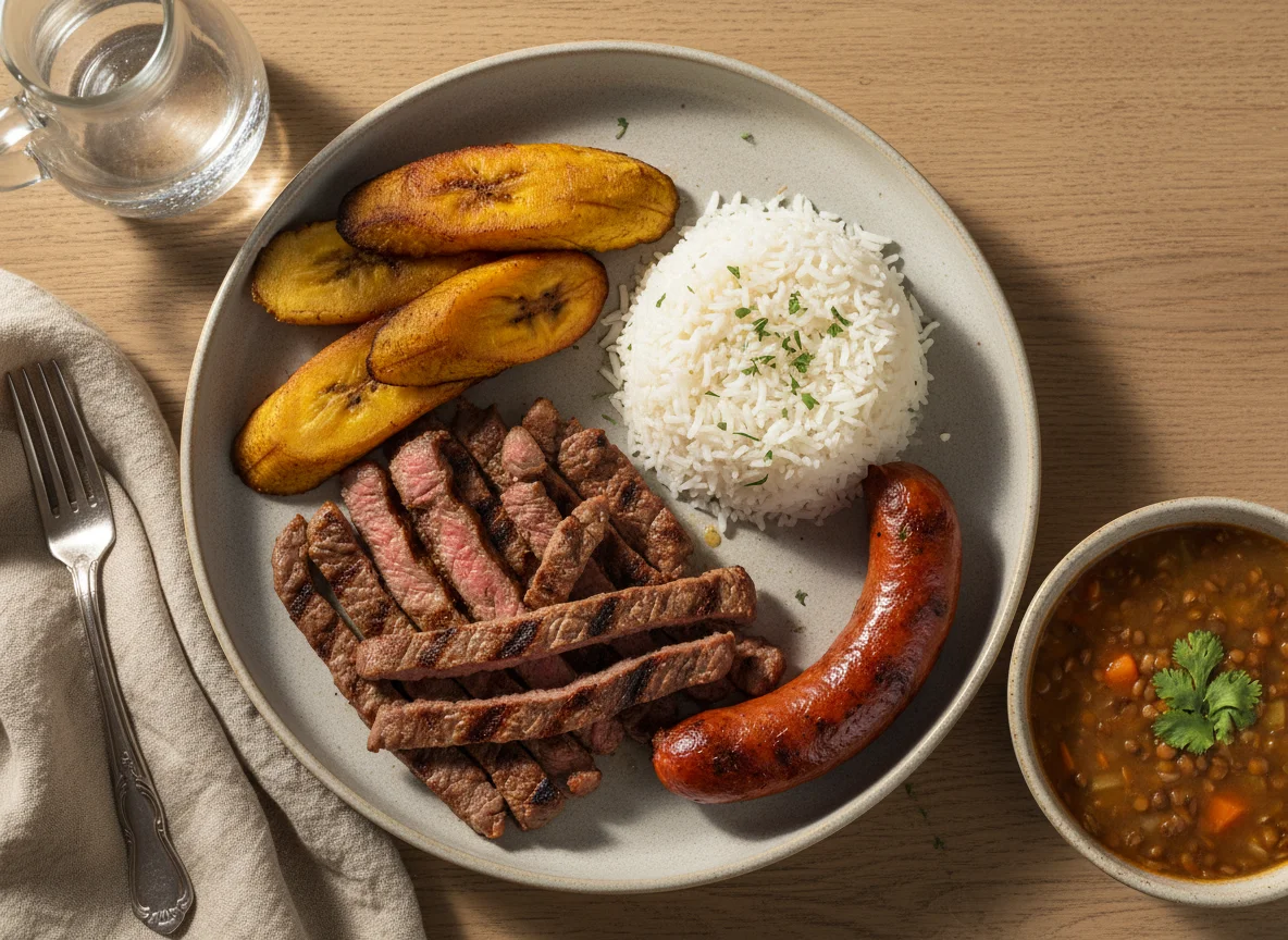 Plato de carne asada con arroz, plátano frito y salchicha photo