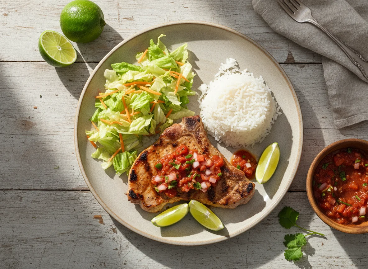Plato de carne asada con arroz y ensalada photo
