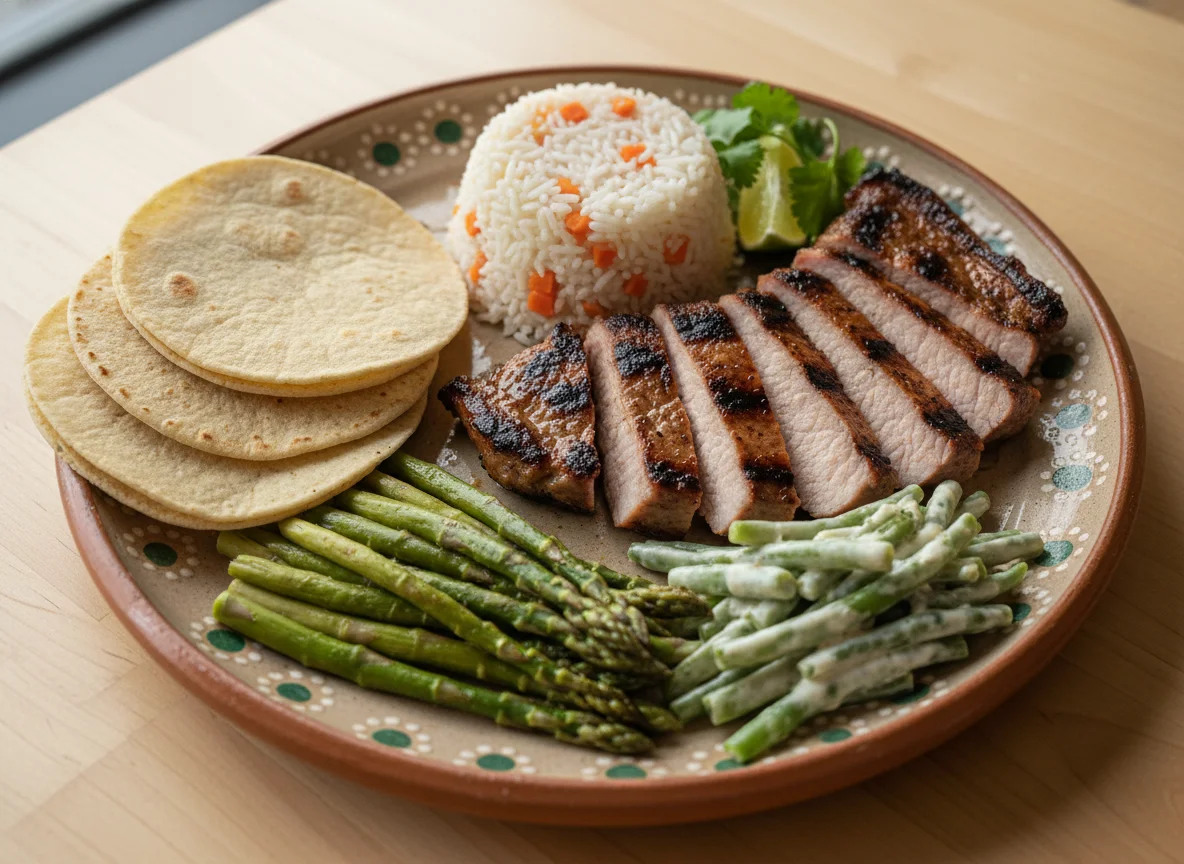 Plato de carne asada con arroz y verduras photo