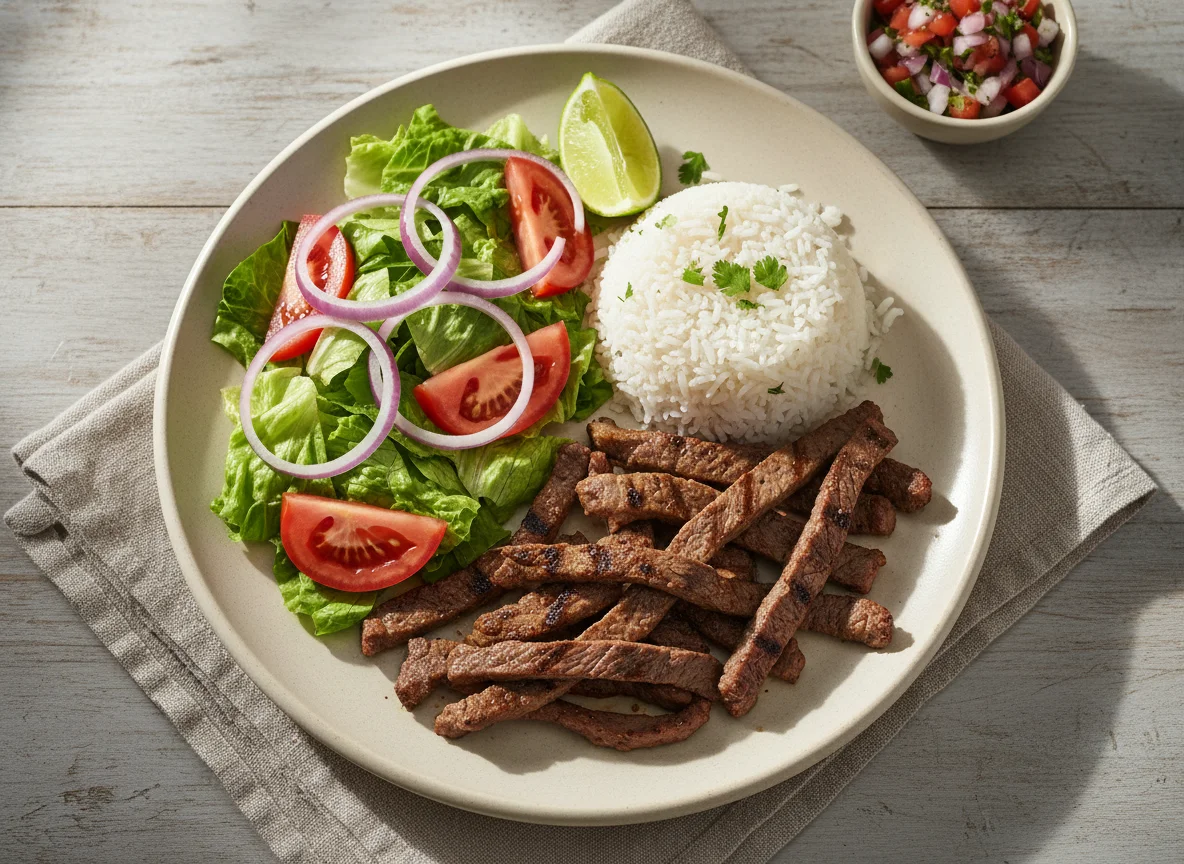 Plato de carne asada con ensalada y arroz photo