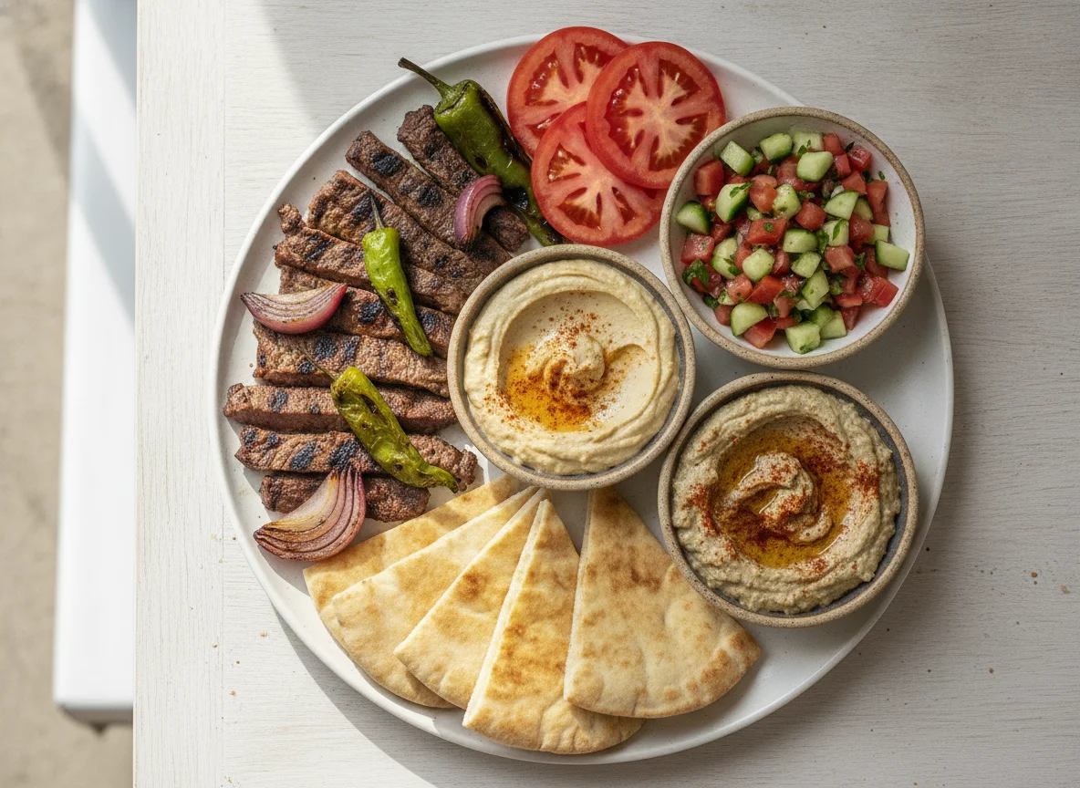 Plato de carne asada con ensalada y dips photo