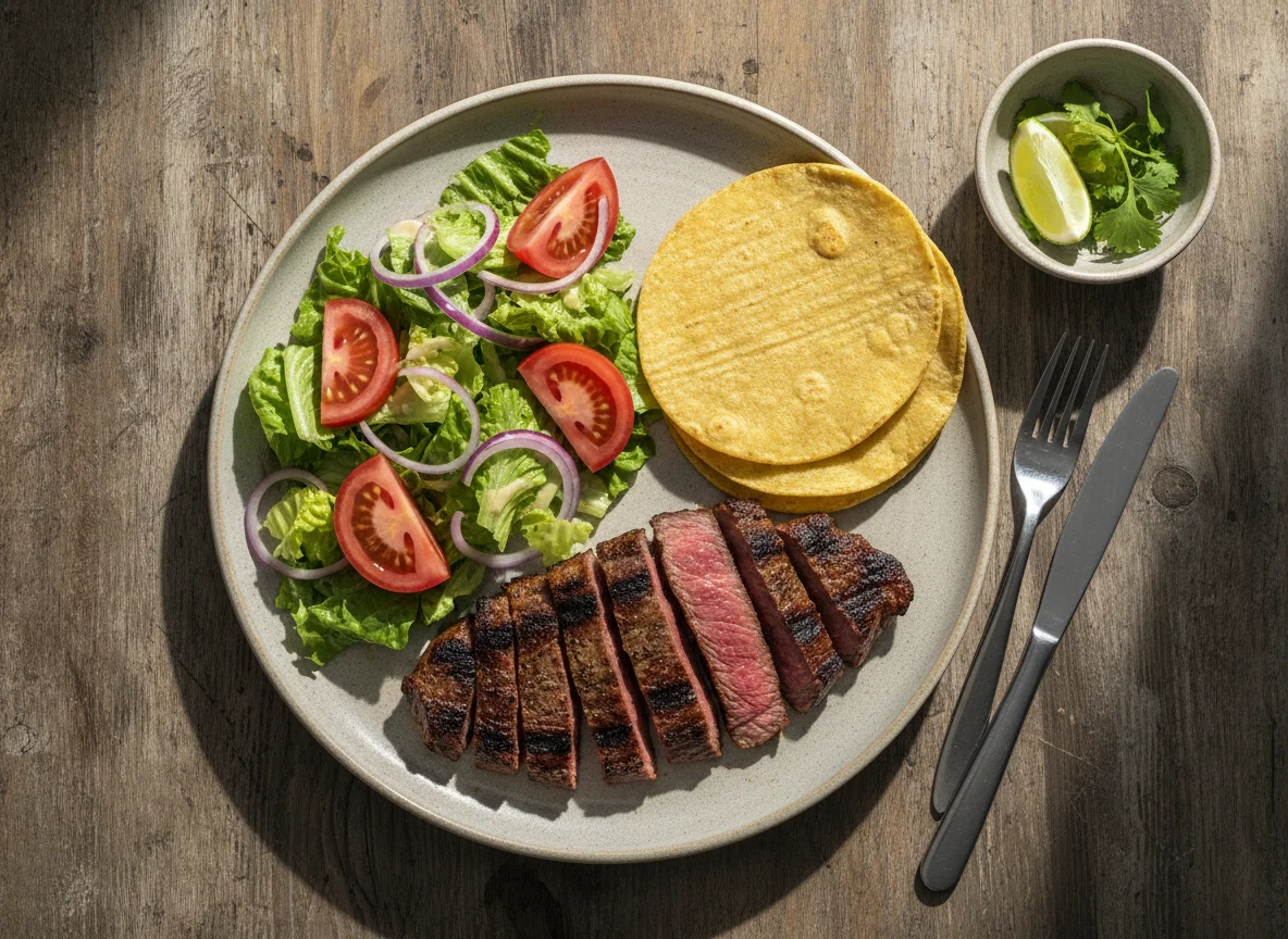 Plato de carne asada con ensalada y tortilla photo