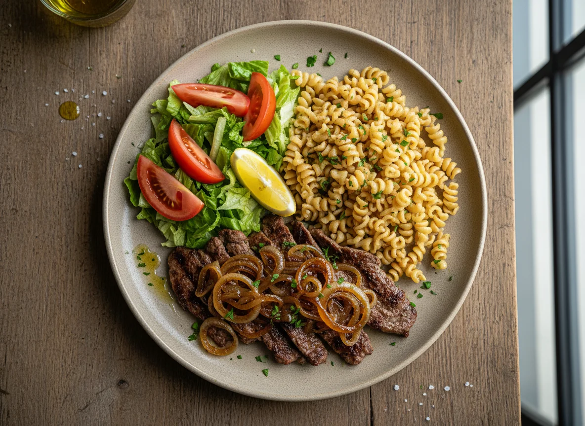 Plato de carne asada con fideos y ensalada photo
