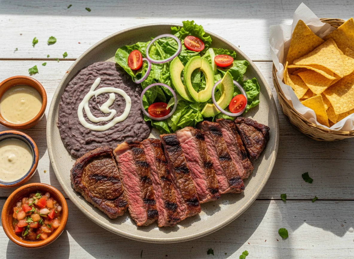 Plato de carne asada con frijoles, ensalada y salsas photo
