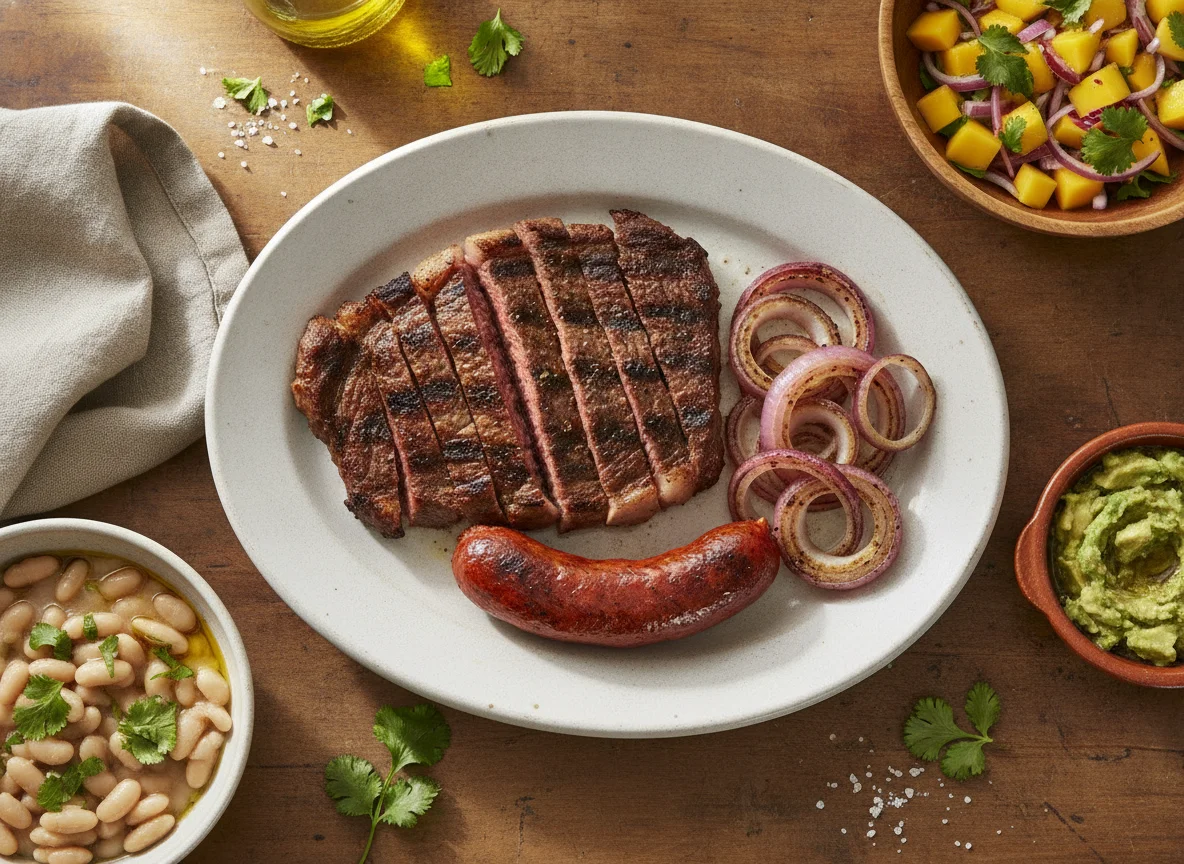 Plato de carne asada con frijoles y guarniciones photo