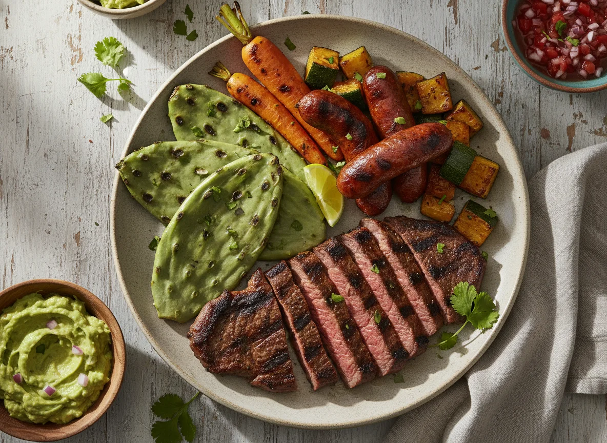 Plato de carne asada con nopales y verduras photo