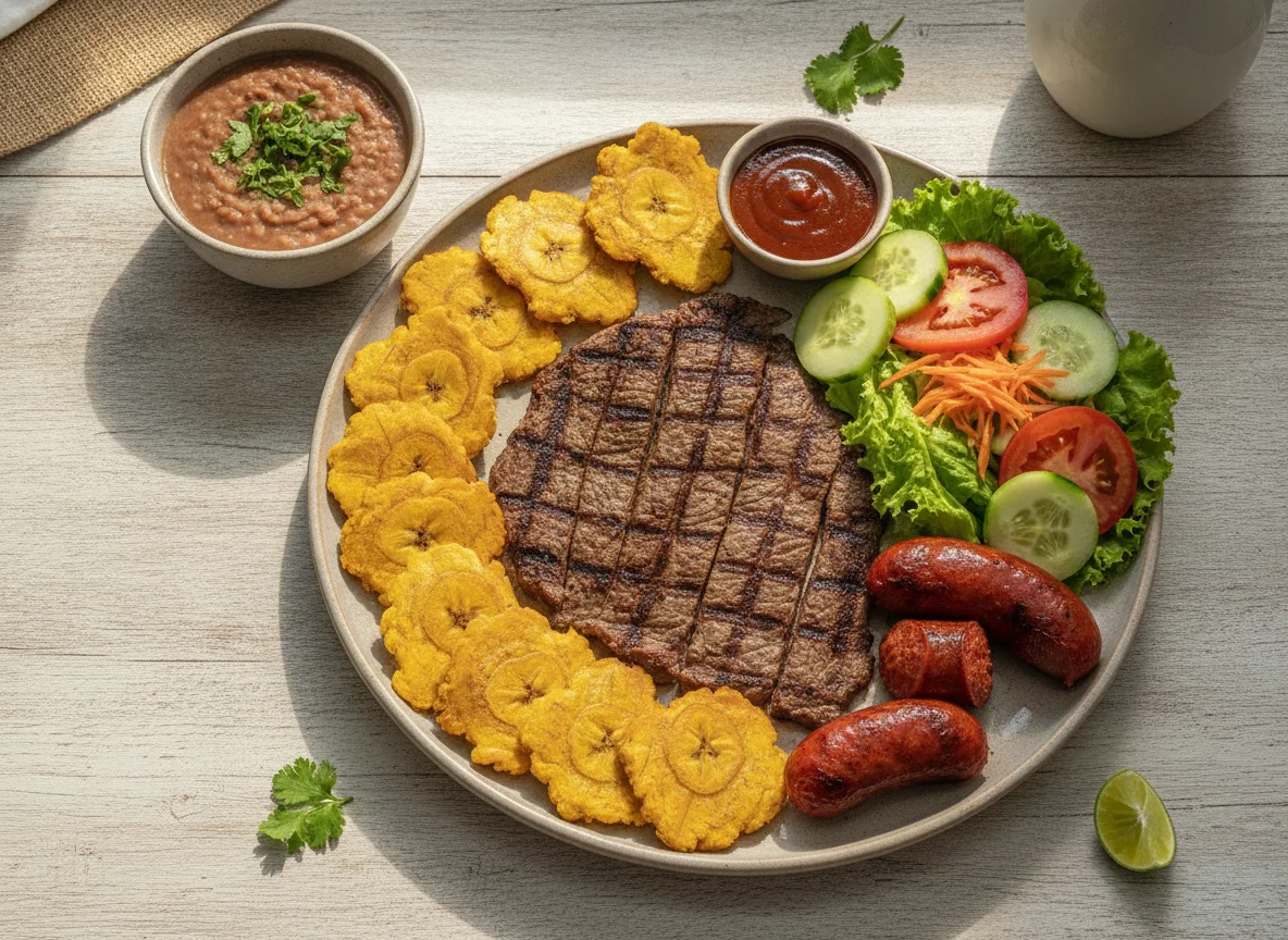 Plato de carne asada con patacones y chorizo photo
