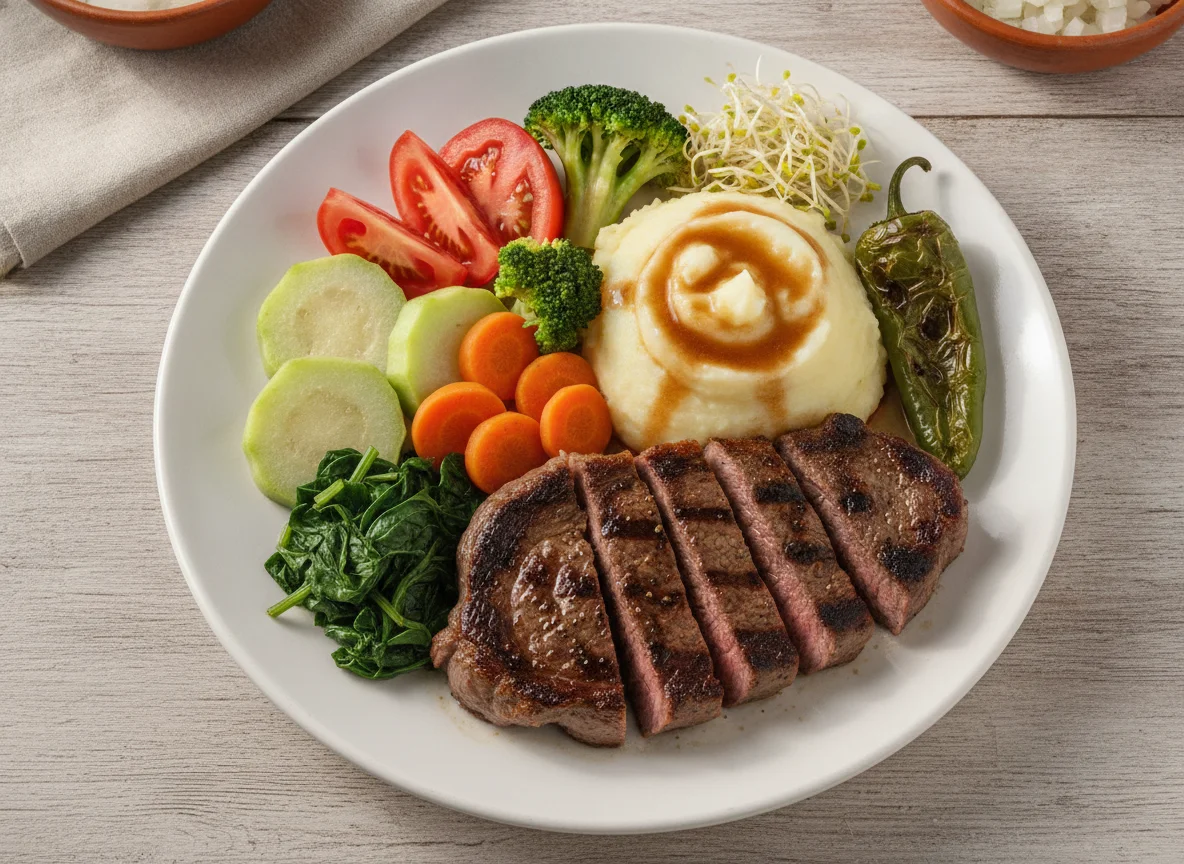 Plato de carne asada con vegetales y puré photo