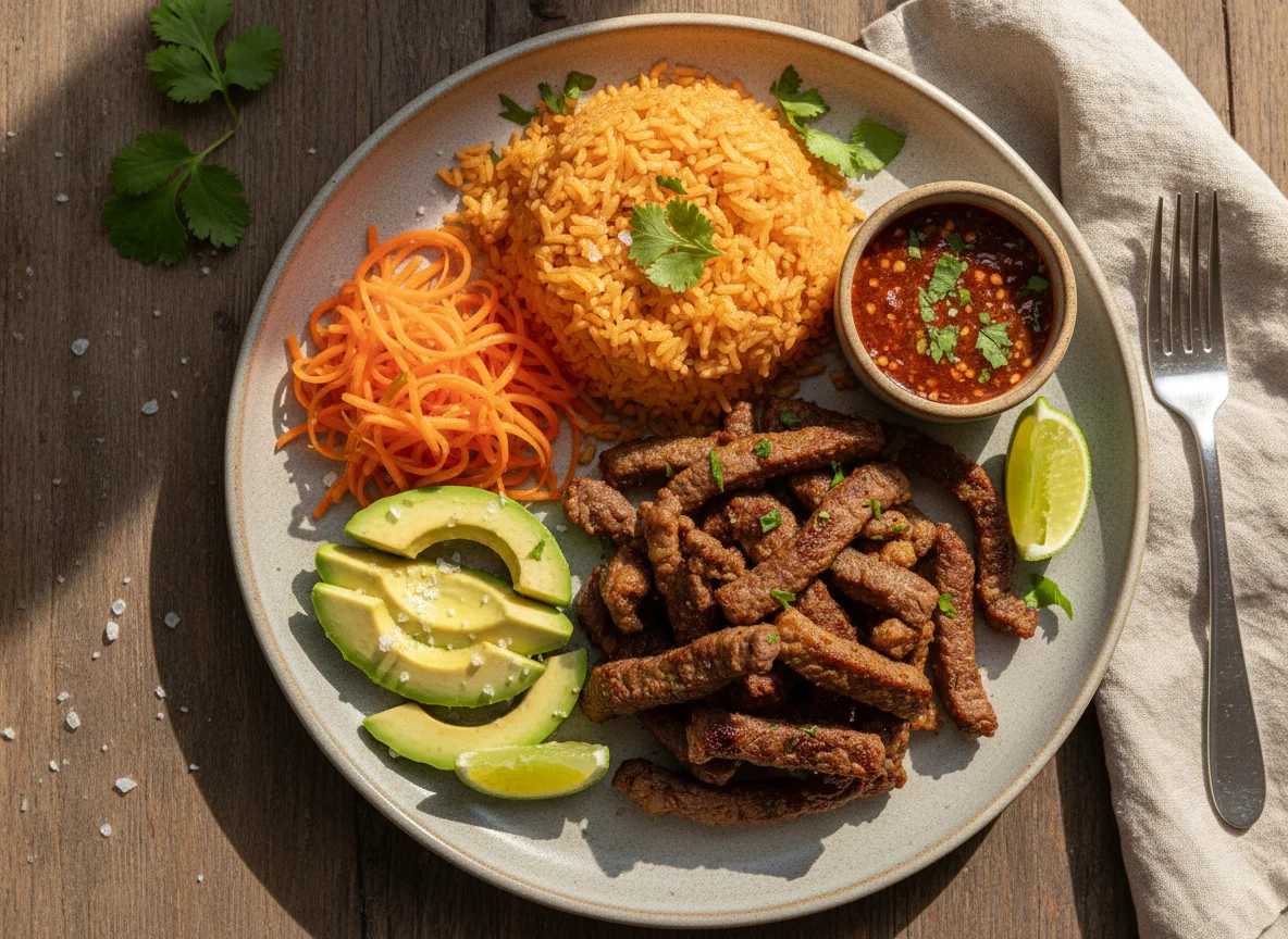 Plato de carne con arroz, aguacate y zanahoria photo