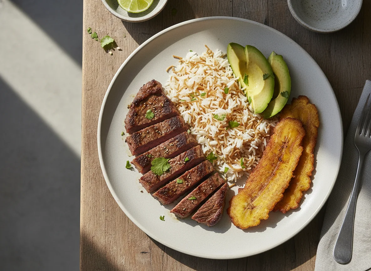 Plato de carne con arroz, plátano frito y aguacate photo