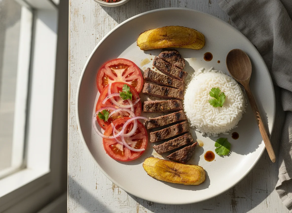 Plato de carne con arroz y ensalada photo