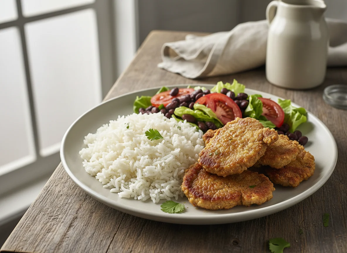 Plato de carne con arroz y ensalada de frijol photo