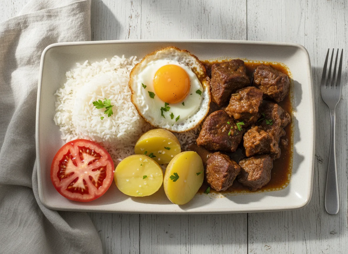 Plato de carne con arroz y guarniciones photo