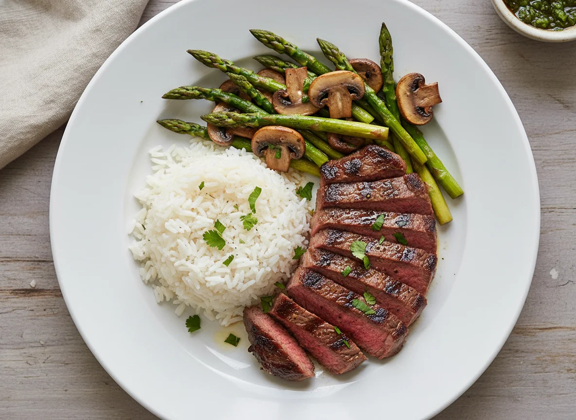 Plato de carne con arroz y vegetales photo