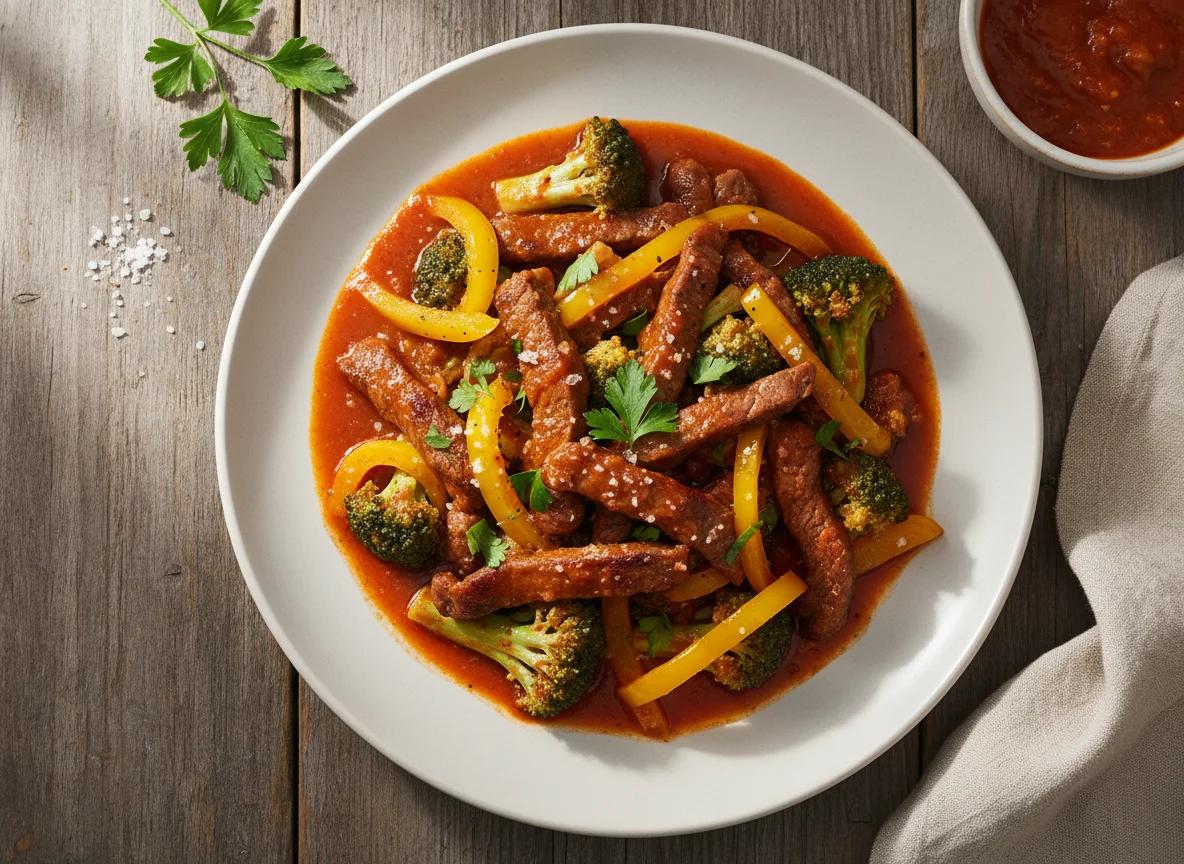 Plato de carne con brócoli y pimientos photo