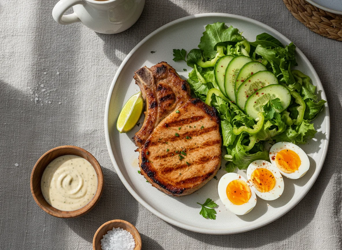 Plato de carne con ensalada y huevos duros photo