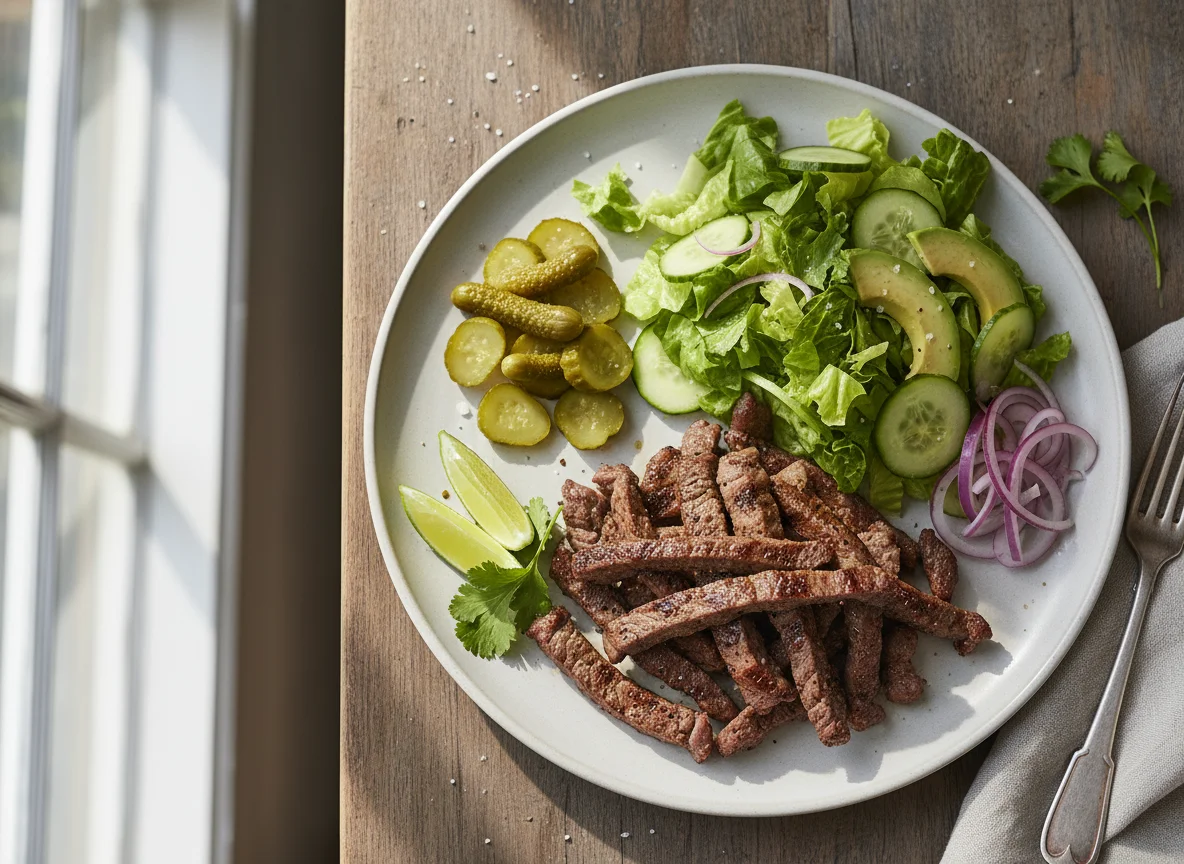 Plato de carne con ensalada y pepinillos photo
