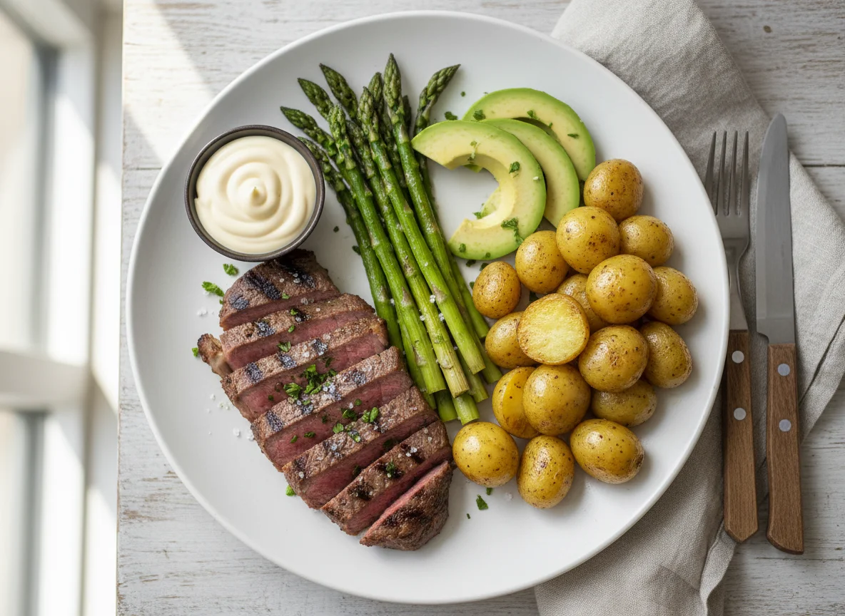 Plato de carne con espárragos, aguacate y papas photo