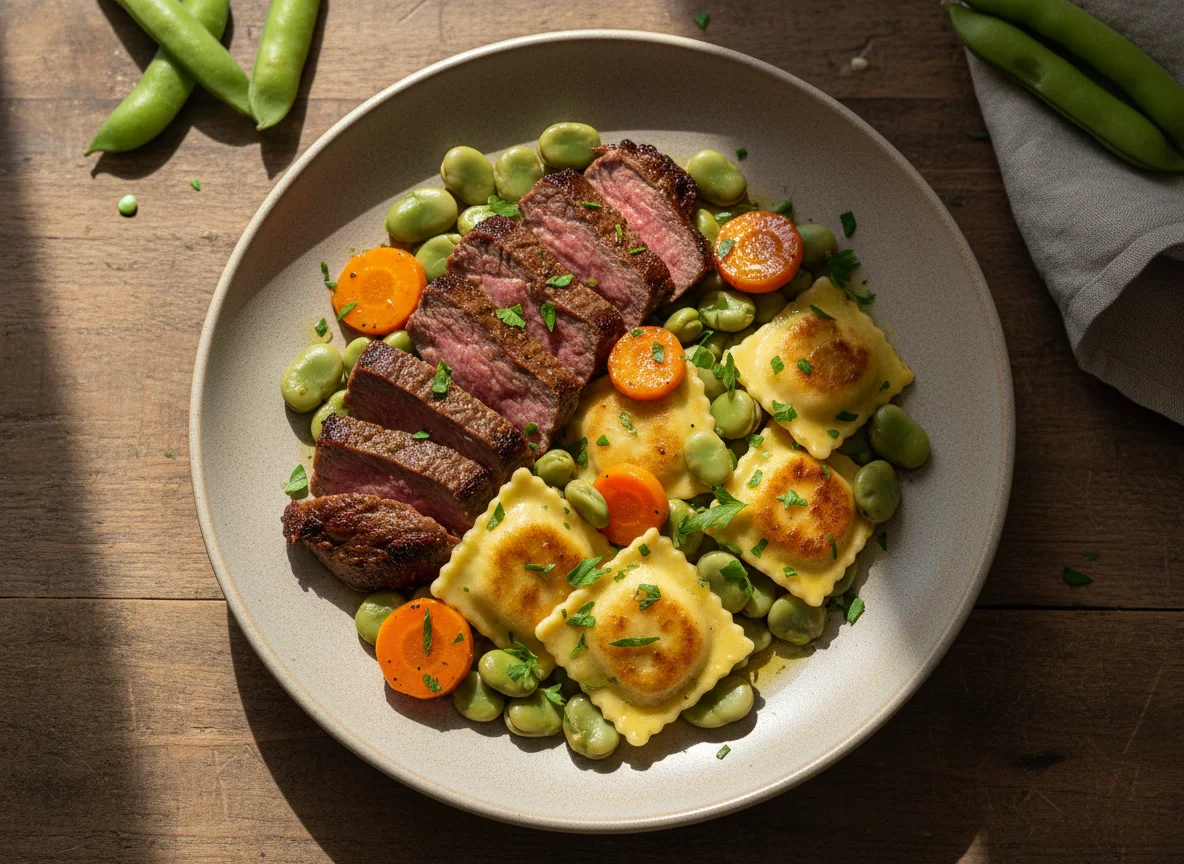 Plato de carne con habas y ravioles photo