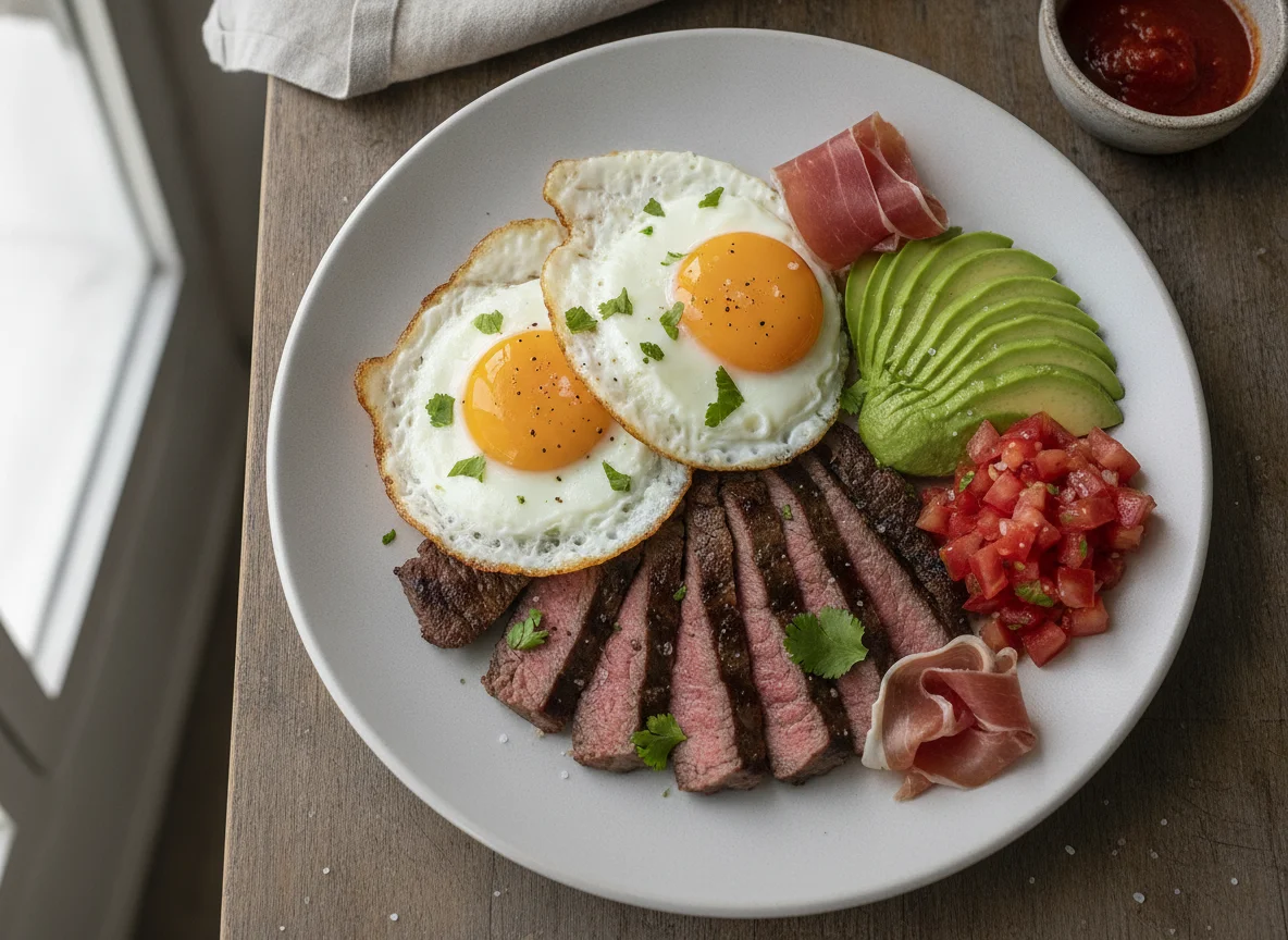 Plato de carne con huevo, palta y tomate photo