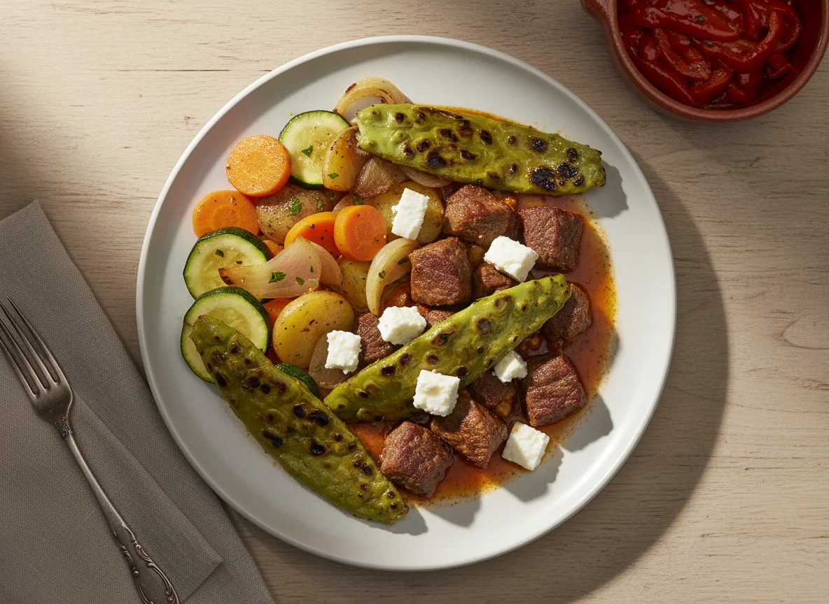 Plato de carne con nopales y vegetales photo