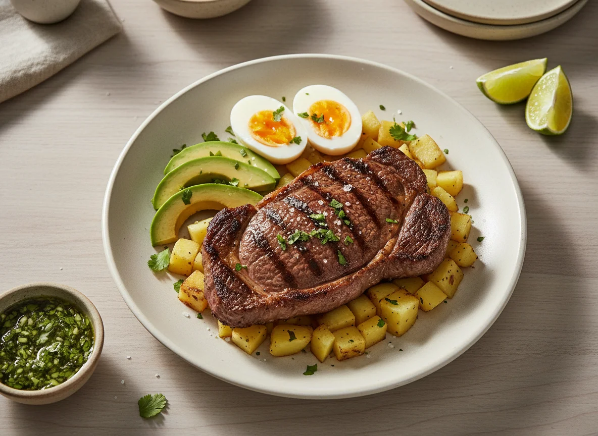 Plato de carne con palta, huevos y papa photo