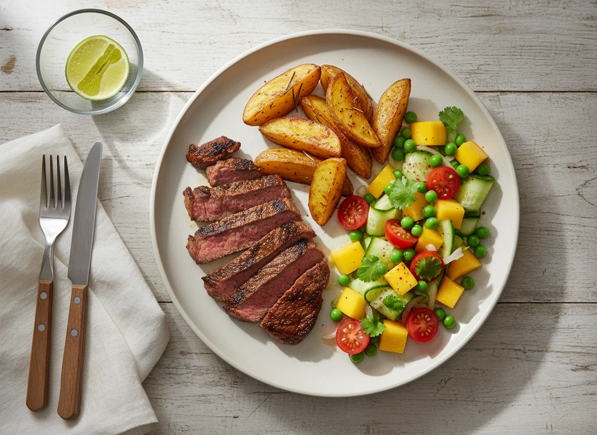Plato de carne con papa y ensalada de mango photo