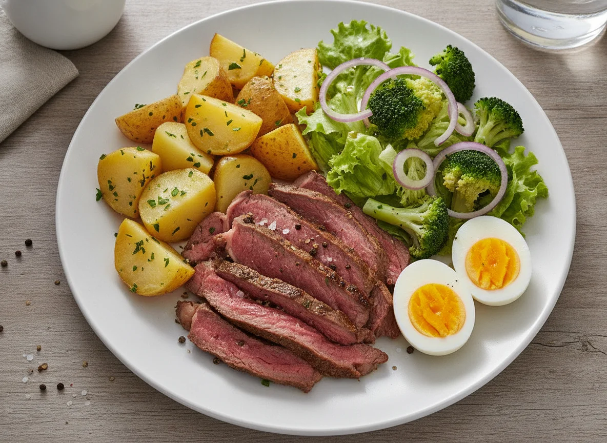 Plato de carne con papas cocidas, huevos duros y ensalada photo