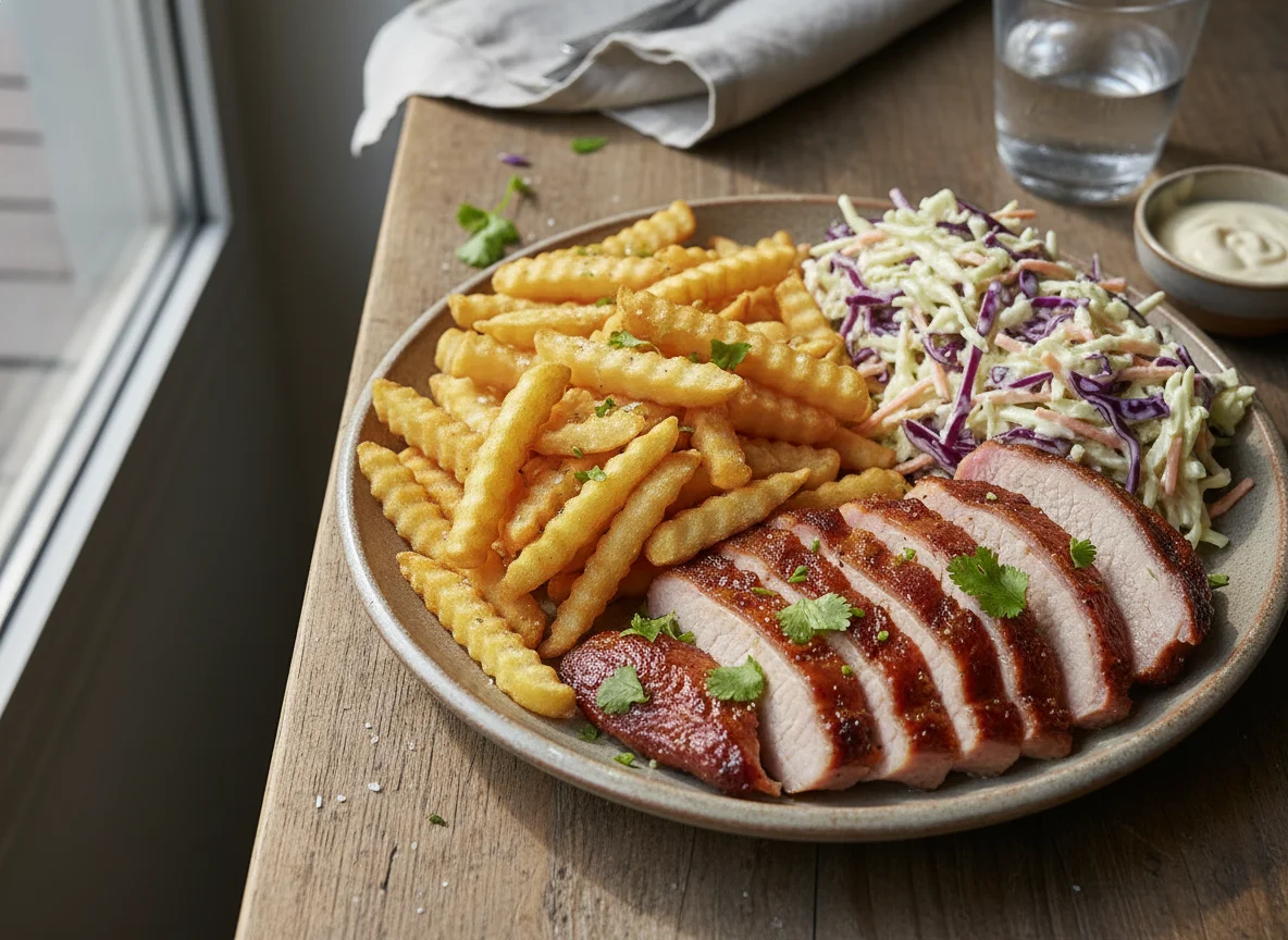 Plato de carne con papas fritas y ensalada de col photo